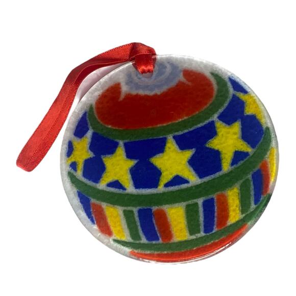 Peggy Karr Christmas Ornament Ball Stars Bars Fused Glass Holiday - Picture 6 of 12